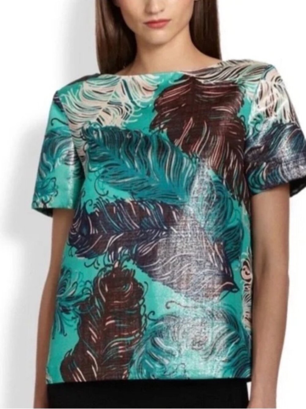 NWT Kate Spade Regal Plumes Boxy Shimmer Metallic Feather Print Top. Size 00